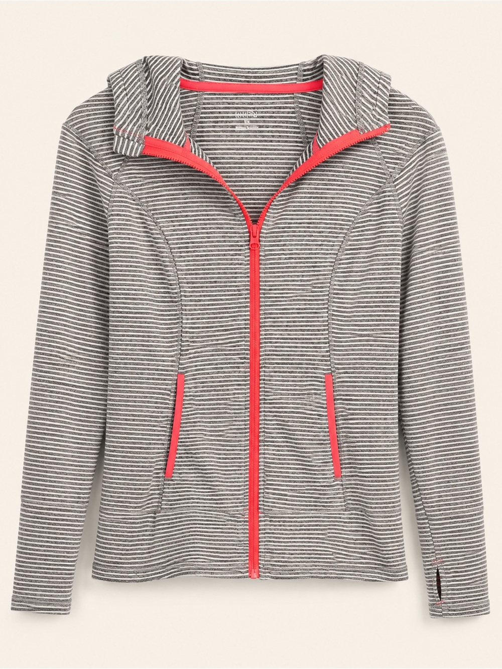 lukka Gray Stripe Hooded Zip Sweatshirt with Coral Trim